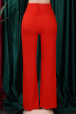 Calça Tangerina Vermelha Casual Sólida Básica Regular Cintura Alta Convencional Cor Sólida