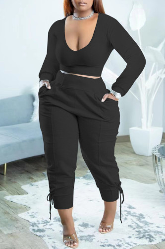 Black Casual Solid Basic V Neck Plus Size Two Pieces