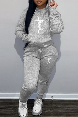 Grey Casual Print Basic Hooded Collar Plus Size Two Pieces