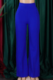 Blue Casual Solid Basic Regular High Waist Conventional Solid Color Trousers