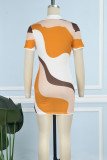 Robes de robe imprimées de col de chemise de boucle de patchwork d'impression sexy orange