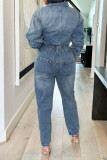 Light Blue Casual Solid Patchwork Turndown Collar Long Sleeve Washed Skinny Denim Jumpsuits