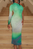 Green Sexy Elegant Gradual Change Patchwork One Shoulder Printed Dress Dresses
