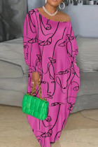 Розово-красное сексуальное платье с принтом в стиле пэчворк и косым воротником с карманами и принтом Платья