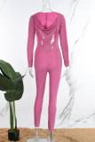 Rose Pink Sexy Solid Backless Hooded Collar Skinny Jumpsuits