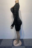 黒のセクシーなパーティーホット掘削ビーズホットドリルスクエアカラーラップスカートドレス