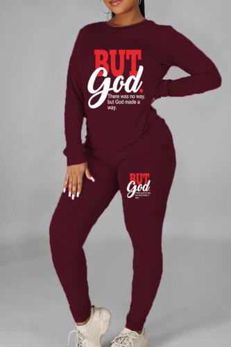 Burgundy Casual Print Patchwork O Neck Long Sleeve Two Pieces