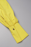 Amarelo elegante sólido patchwork fivela fenda camisa colarinho manga comprida vestidos tamanhos grandes