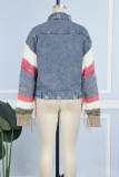 Giacca di jeans dritta a maniche lunghe con colletto rovesciato con fibbia tascabile patchwork strappato color block blu Street