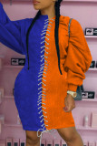 ブルーオレンジカジュアルパッチワーク小帯コントラストハーフタートルネック長袖プラスサイズドレス