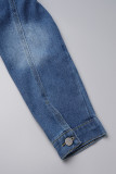 Deep Blue Casual Patchwork Ripped Turndown-krage Långärmad vanlig jeansjacka
