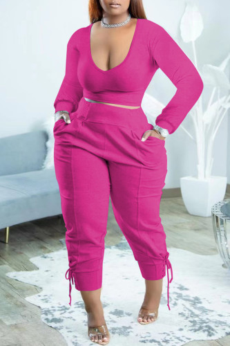 Rose Red Casual Solid Basic V Neck Plus Size Two Pieces