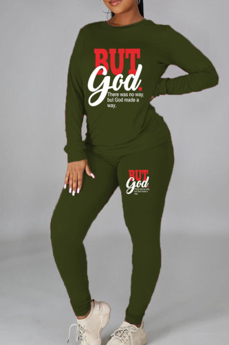 Army Green Casual Print Patchwork O Neck Long Sleeve Two Pieces