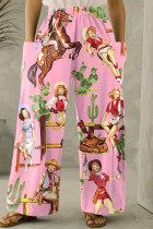 Roze casual print patchwork zak normale hoge taille conventionele volledige print broek