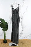 Черное сексуальное однотонное лоскутное длинное платье с открытой спиной и бретельками на бретельках