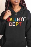 Black Casual Print Letter Hooded Collar Tops