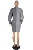 Graue, lässige Patchwork-Frenulum-Kontrast-Kleider mit halbem Rollkragen und langen Ärmeln in Übergröße