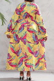 Robe imprimée jaune à col en V en patchwork floral élégant, robes de grande taille