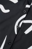 Черный повседневный базовый рубашечный воротник с принтом и длинными рукавами, два предмета