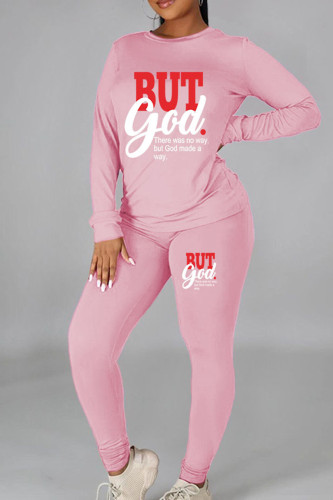 Pink Casual Print Patchwork O Neck Long Sleeve Two Pieces