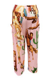 Светло-розовые повседневные брюки с принтом в стиле пэчворк, стандартные брюки с высокой талией и обычным сплошным принтом