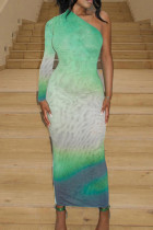 Зеленые сексуальные элегантные постепенные изменения в стиле пэчворк на одно плечо с принтом платья платья