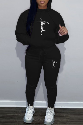 Black Casual Print Basic Hooded Collar Plus Size Two Pieces