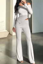 Светло-серый сексуальный однотонный лоскутный комплект из двух предметов с открытыми плечами и длинными рукавами