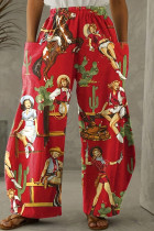Pantalones casuales con estampado informal y bolsillo con retazos cintura alta regular estampado completo rojo