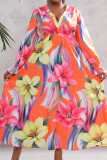 Vestido estampado con cuello en V y retales florales elegantes mandarina Vestidos de talla grande