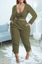 Green Casual Solid Basic V Neck Plus Size Two Pieces