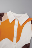 Robes de robe imprimées de col de chemise de boucle de patchwork d'impression sexy orange