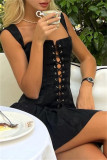 黒のセクシーなカジュアル固体小帯バックレススクエアカラーベストドレスドレス