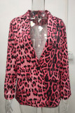 Manteau de poche élégant léopard patchwork boutons col rabattu grande taille rouge