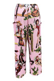 Pantaloni con stampa convenzionale a vita alta regolari con tasca patchwork con stampa casual rosa