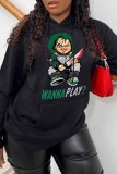 Black Casual Street Character Print Letter Hooded Collar Tops