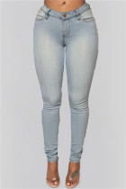 Jeans skinny azul claro fashion casual sólido básico cintura alta