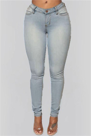 Light Blue Fashion Casual Solid Basic High Waist Skinny Denim Jeans