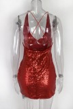Red Sexy Patchwork Sequins Backless V Neck Sling Dress Dresses