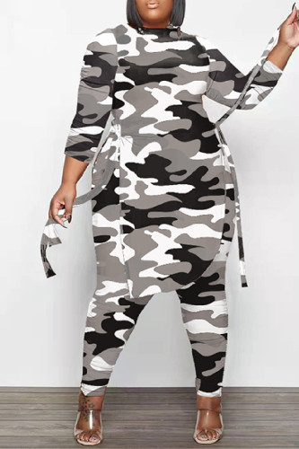 Grey Casual Print Frenulum O Neck Plus Size Two Piece Set
