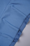 Blauwe casual effen patchwork vezelige zelfkant V-hals onregelmatige jurkjurken