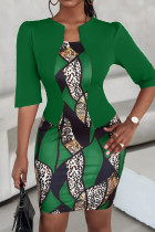 グリーン カジュアル プリント パッチワーク 非対称襟 ペンシル スカート ドレス