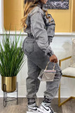 Dark Gray Casual Solid Patchwork Pocket Buttons Zipper Turndown Collar Long Sleeve Two Pieces