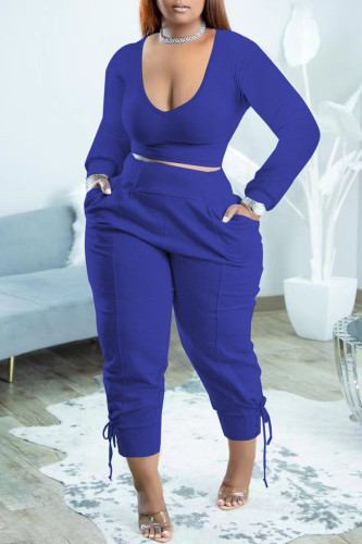 Blue Casual Solid Basic V Neck Plus Size Two Pieces