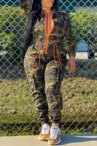 Camouflage Casual Camouflage Print Patchwork Reißverschluss Umlegekragen Plus Size Jumpsuits