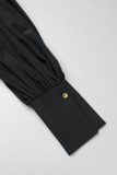 Black Elegant Solid Patchwork Buckle Slit Shirt Collar Long Sleeve Plus Size Dresses