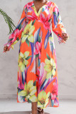 Мандариновое элегантное лоскутное платье с V-образным вырезом и принтом в цветочек, платья больших размеров