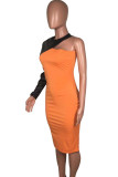 オレンジのエレガントなカラーブロック パッチワーク O ネック シース ドレス