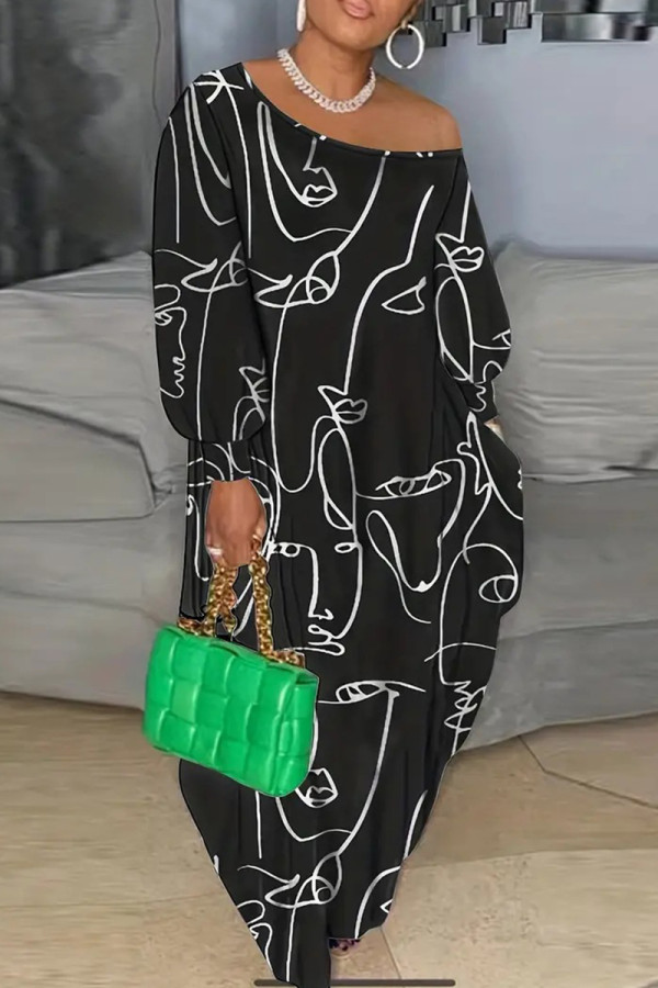 Schwarzes, sexy bedrucktes Kleid mit Patchwork-Tasche und schrägem Kragen