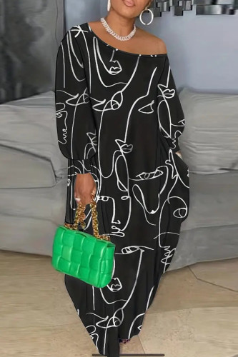 Schwarzes, sexy bedrucktes Kleid mit Patchwork-Tasche und schrägem Kragen